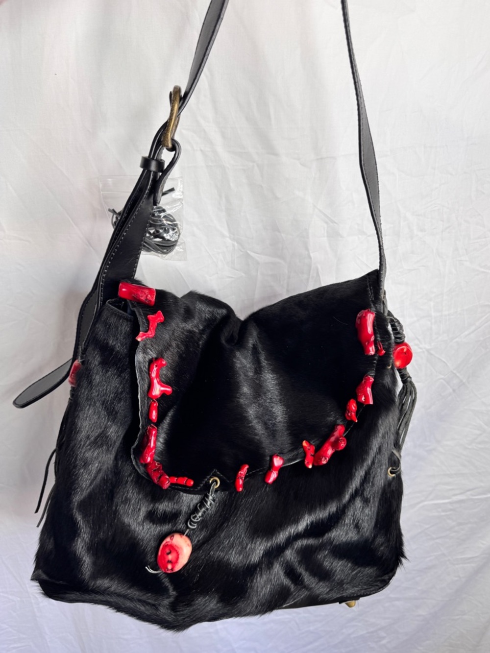 Sharif Couture Vintage Black Fur Shoulder Bag with Red Coral Reef Accents